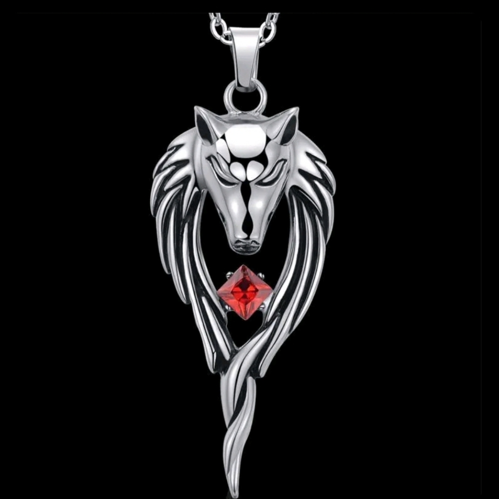 Men's red zircon Silver Plated Wolf Head Pendant Necklace Retro Punk Jewelry
